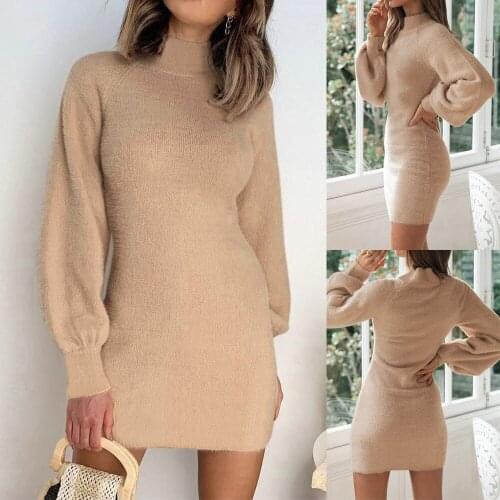 Women Long Sleeve Turtleneck Collar Solid Color Sweaters Dress For Autumn Winter d88