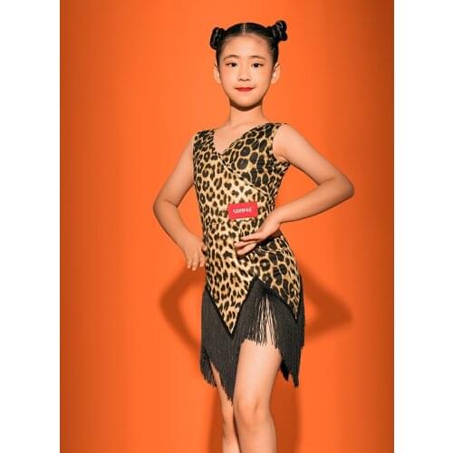 Girls Latin Dance Competition Dress Kids Leopard/Black Fringe Practice Costumes Tango Samba Salsa Cha Cha Dance Clothes VO1117