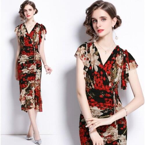 Dropshipping Summer Fall Fashion Floral Print V Neck Short Flare Sleeve Empire Waist Women Ladies Party Casual Beach Midi Dress