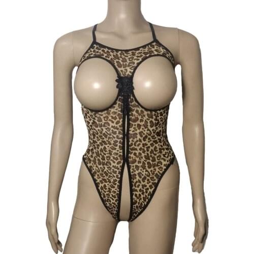 Women Sexy Lingerie Cupless Leopard Print Teddies Open Breast Open Crotch Teddy Crotchless Bodysuit Erotic Underwear Plus Size