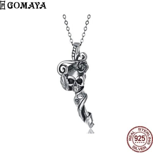 GOMAYA 925 Sterling Silver Vintage Necklaces For Women Flower And Skull Unisex Gothic Pendant Necklace Birthday Jewelry Gift