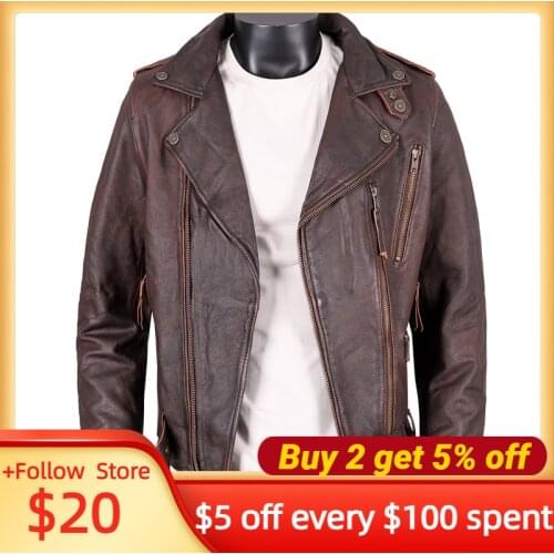 2021 Retro Brown Motorcycle Style Genuine Leather Jacket Men Plus Size 5XL Real Natural Cowhide Slim Fit Short Biker Coat