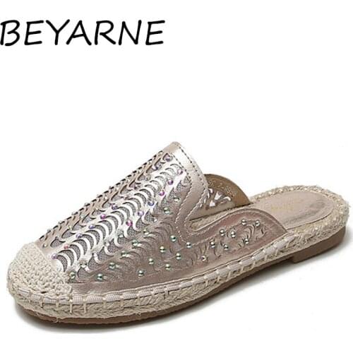 BEYARNE Crystal Slingback breathable mesh patchwork moccasins women round toe shoes woman without lace hemp sneakers flat shoes
