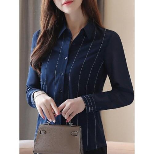 Blouse Women Blusas Mujer De Moda 2021 Turn Down Collar Office Blouse Women Tops Long Sleeve Striped Chiffon Blouse Shirt B932