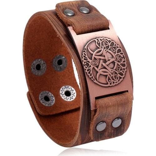 Star Heart Fashion Vintage Retro Tree of Life Wide Genuine Leather Bracelet Viking Charm Biker Unisex Wristbands Bangle Jewelry