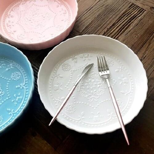 Household Ceramic Microwave Oven Cake Plates Fruit Plate Pizza Tray Butterfly Embossed Deep Bakeware Round Cake Pan Toast Mold