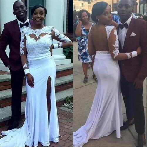 South African Black Girls Mermaid Wedding Gowns Lace Long Sleeve Robe de soirée with Side Split Dress