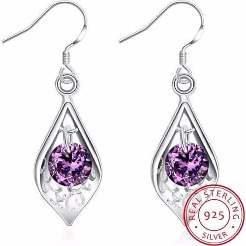 Purple Crystal 925 Sterling Silver Drop Earrings For Women Silver Trendy Party Pin Korean Earrings Jewelry Fashion Decoration