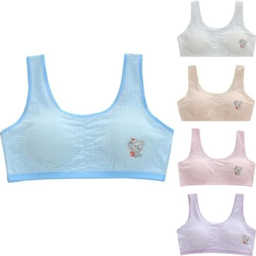 Puberty Teen Girls Cotton Training Bra Plaid Solid Color Cartoon Koala Print Underwear Student Breathable Wirefree Padded Wide