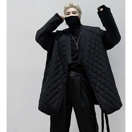 Men Loose Plaid Black Japan Kimono Cardigan Cotton Padded Jacket Male Streetwear Hip Hop Gothic Winter Parkas Coat Outerwear