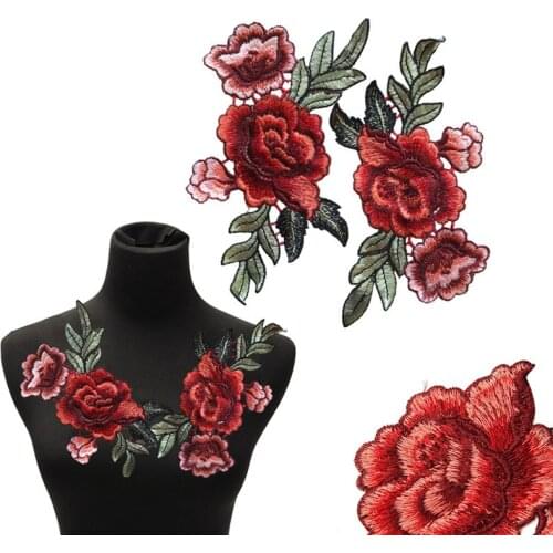 2pcs Beautiful Red Rose Flower Floral Collar Sew Patch Applique Badge Embroidery Dress Handmade Craft Ornament Fabric