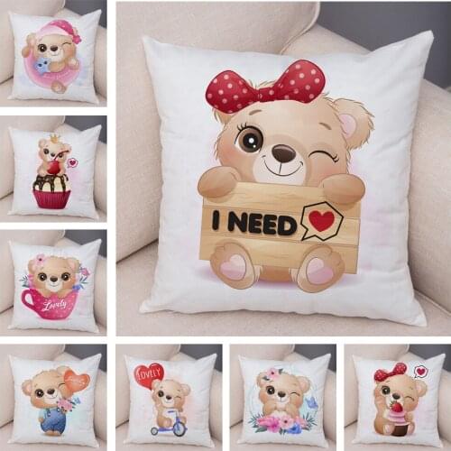 Cute Cartoon Bear Pillow Case for Children Room Sofa Home Decor Lovely Animal Print Cushion Cover Soft Plush Pillowcase