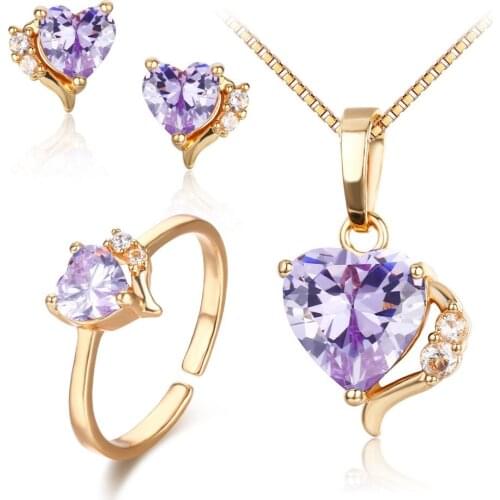 Cute Gold Color Lavendar Purple AAA CZ Heart CZ Ring Pendant Necklace and Earrings Small Jewelry Sets For Children Girls Kids