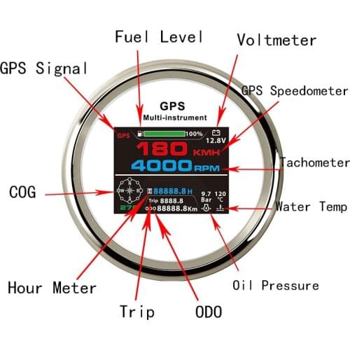 85MM 10 In 1 Multi-functional TFT Screen Digital Gauge LCD Digital GPS Speedometer Tachometer Hour Meter Water temp Fuel Level