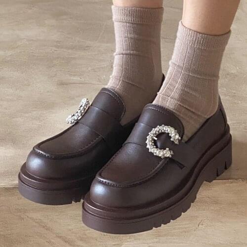 Womens genuine leather thick sole platform flats loafers crystal buckle female soft comfortable moccasins casual daily shoes