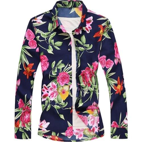Men Streetwear Slim Fit Casual Men Tuxedo Shirts Mens Clothing M-7XL Hawaiian Long Sleeve Men Shirt Brand Rose Floral Print