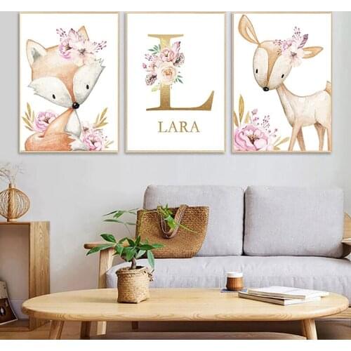 Woodland Animal Print Nursery Canvas Painting Wall Art Pink Flowers Poster Nordic Wall Pictures Girl Baby Room Decor