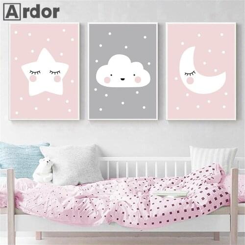 Pink Star Cloud Canvas Wall Art Paintings Nursery Posters Print Moon Poster Children Prints Nordic Wall Pictures Baby Room Decor