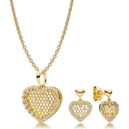 NEW 100% 925 Sterling Silver New 1:1 Genuine Beehive Heart Shape 18K Gold Hollow Charm Pendant Necklace Set