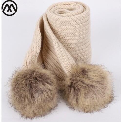 Autumn and winter knitted childrens solid color scarf warm and comfortable thick boy girl universal raccoon fur pom-pom Scarves