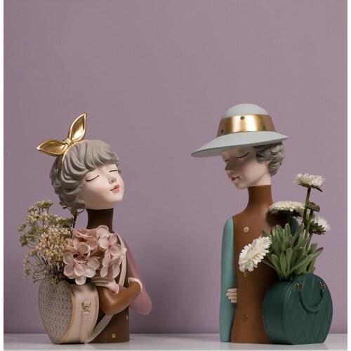 Modern Cute Packbag Girls Resin Vase Figurines Home Livingroom Table Sculpture Crafts Desktop Storage Box Ornaments Decoration