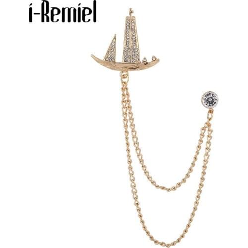 New Fashion Rhinestone Sailboat Brooch Metal Crystal Tassel Chain Collar Pin Suit Shirt Badge Brooches for Men Women Accessories