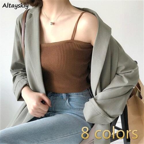 Camisoles Women Summer Retro Preppy Girls Strap Tops Stretch Off Shoulder Sexy Temperament Ladies Inside White Crop Top 8 Colors