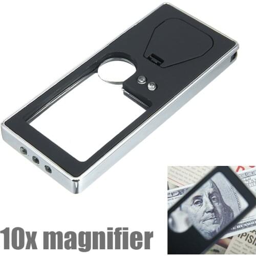 3X 10X Pocket Magnifier Magnifying Glass 4LED UV Light Jewelers Loupe Reading Aid Tool W/ Button Battery