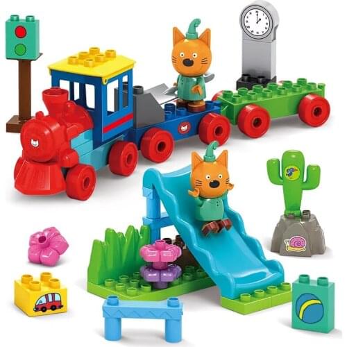High quality Three Happy Kitten slide swing train play set Toy Building Blocks Cookie Candy Pudding kid Cats Doll Children toy