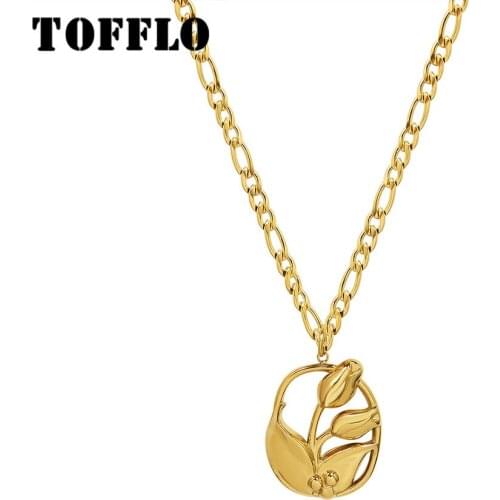 TOFFLO Stainless Steel Jewelry Tulip Flower Pendant Necklace Female Elegant Hollow Carving Clavicle Chain BSP1095