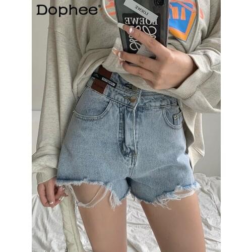 Denim Shorts for Women 2021 Summer New High Waist A- Line Wide Leg Shorts Loose Korean Style Fashion Pants Retro Burr Hot Pants