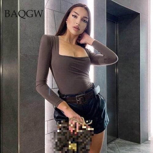 Women Autumn Winter Square Collar Long Sleeve Bodysuit Bodysuit Sexy Ruched Padded Body Female for Woman 2020 Night Club Tops
