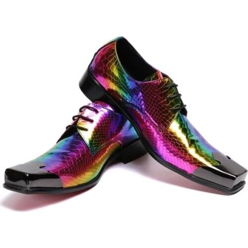 Snake Skin Print Genuine Leather Slip On Metal Tip Dress Shoes Rainbow Color Evening Party Wedding Flats For Men Plus Size 47