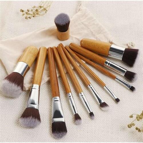 New 11pcs Natural Bamboo Handle Makeup Brushes Set High Quality Foundation Blending Cosmetic Make Up Tool Set With Cotton Bag