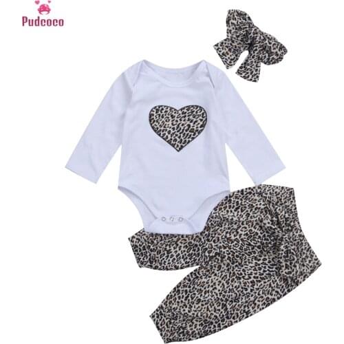 3Pcs Lovely Newborn Toddler Infant Clothes Set Baby Girl Leopard Printed Romper +Long Floral Pants+Headband Outfit Clothing
