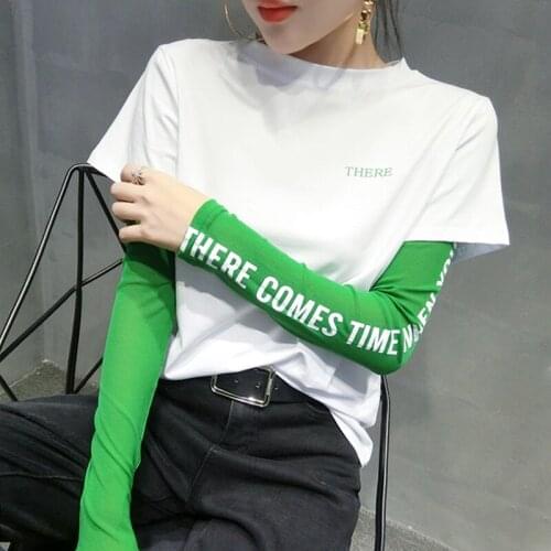 #8550 Spliced Color False Two Piece Letters Printed Long Sleeves T Shirt Women Sexy Harajuku Streetwear Hip Hop T Shirt Cotton