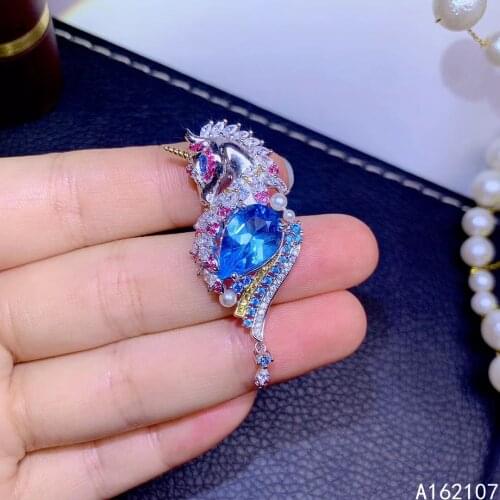 Exquisite Jewelry 925 Sterling Silver Inlaid Natural Blue Topaz Girls Popular Elegant Unicorn OL Style GEM PENDANT NECKLACE Sup