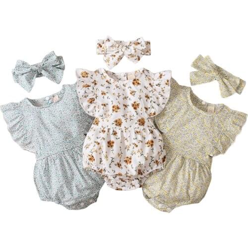 Baby Girls Ruffle Sleeveless Romper Floral Tutu Bodysuit Skirt Headbands Infant Bodysuit Newborn Clothes