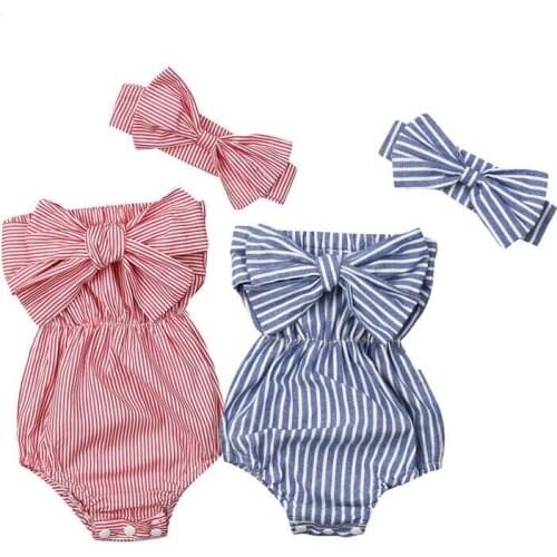 Newborn Baby Girls Off Shoulder Striped Romper Jumpsuit Outfit Summer Cute Baby Girl Clothes Strap Rompers