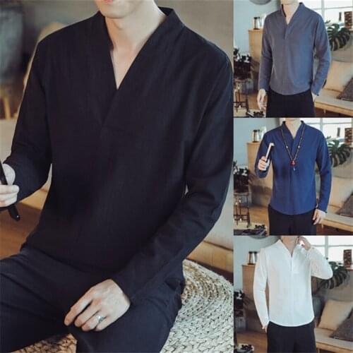 M-5XL Solid Color Autumn Long Sleeve Top Traditional Chinese V-Neck Hanfu Shirts Vintage Cotton Linen Plus Size Casual Tang Suit