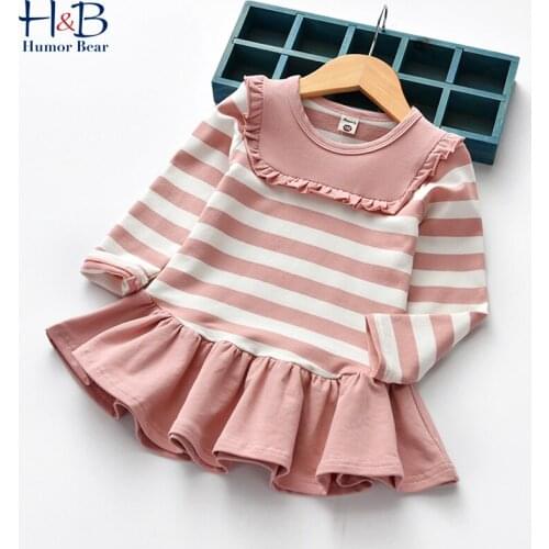 Humor Bear Girls Dress Autumn New Long Sleeve Ruffle Collar Striped Printed Round Neck Sweet Toddler Kids Dresses