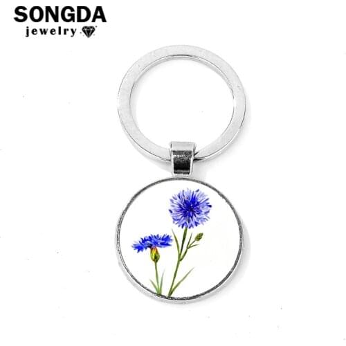 SONGDA New Arrived Cornflower Keychain Blue Flower Carnation Art Picture Glass Gem Car Key Ring Holder Bag Charms for Women Gift