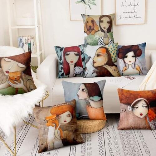 Modern Thin Linen Printed Pillowcase Big Eye Girls Cushions Home Decor Sofa Throw Pillows Almofadas Decorativas Para Sofa 17inch