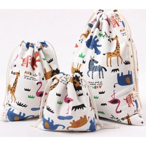 Cartoon Animals Printed Storage Bags Baby Clothing Kids Toys Organizer Drawstring Candy Bags Cotton Linen Jewelry Cosmetic Pouch