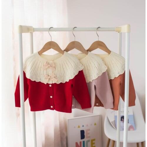 Autumn Children Kids Solid Cute Bow Knitwear Sweater Baby Girls Knitted Cardigans Outerwear Coat