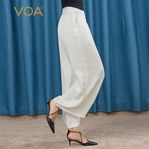 VOA Silk 22m/m White Jacquard Silk Side Zipper xie cha dai Education Grams Pleats Splicing Elastic Waist Wide Leg Pants KE18