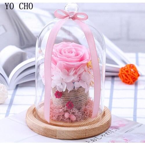 YO CHO First Flower Rose In Glass Flasks with Base Immortal Flower In Glass Cover Romantic Gift For Lovers Birthday Gifts Home