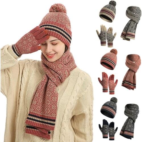 Women fashion Winter Warm Vintage Pattern Acrylic Knitted Woolen Hat Scarf Gloves Set Street wear 2021