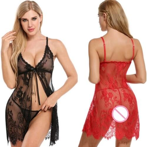 Women Babydoll Sleepdress Nightgown Hot Sexy V Neck Lace Mesh Lingerie Sleepwear Nightdress Bow Spaghetti Strap Chemise #W