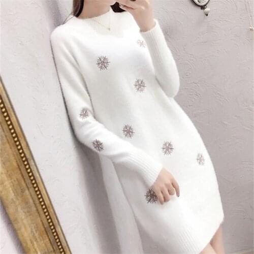 Women Knit Sweater Pullover Fashion Mid-Length Limitation Mink Cashmere Dress Autumn Half Turtleneck Jumper Ladies Vestidos H152